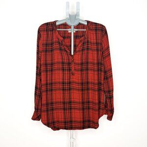 Universal Thread Plaid Henley Blouse - Deep Red & Black- Extra Large